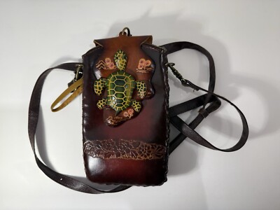 Hand Made Leather Cross-Body Sling Pouch Purse Phone Case Sea Turtles Vacation