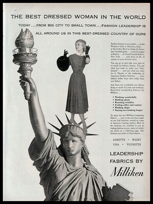 1954 Milliken Leadership Fabrics Vintage PRINT AD Fashion Statue of Liberty