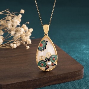 Authentic White Real Jade Butterfly Pendant Necklace Natural Jewelry 18K Gold Plated