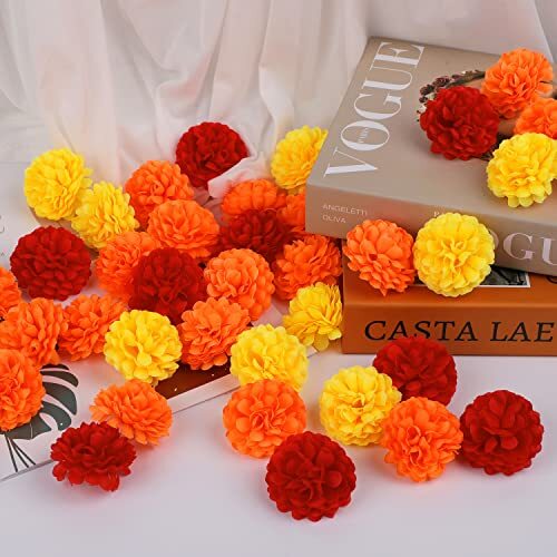 Marigold Flowers Heads Bulk, 40Pcs Silk Marigold Flowers Artificial Mix