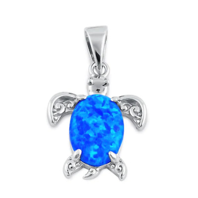 Blue Opal Filigree Sea Turtle Pendant Necklace Solid Sterling Silver