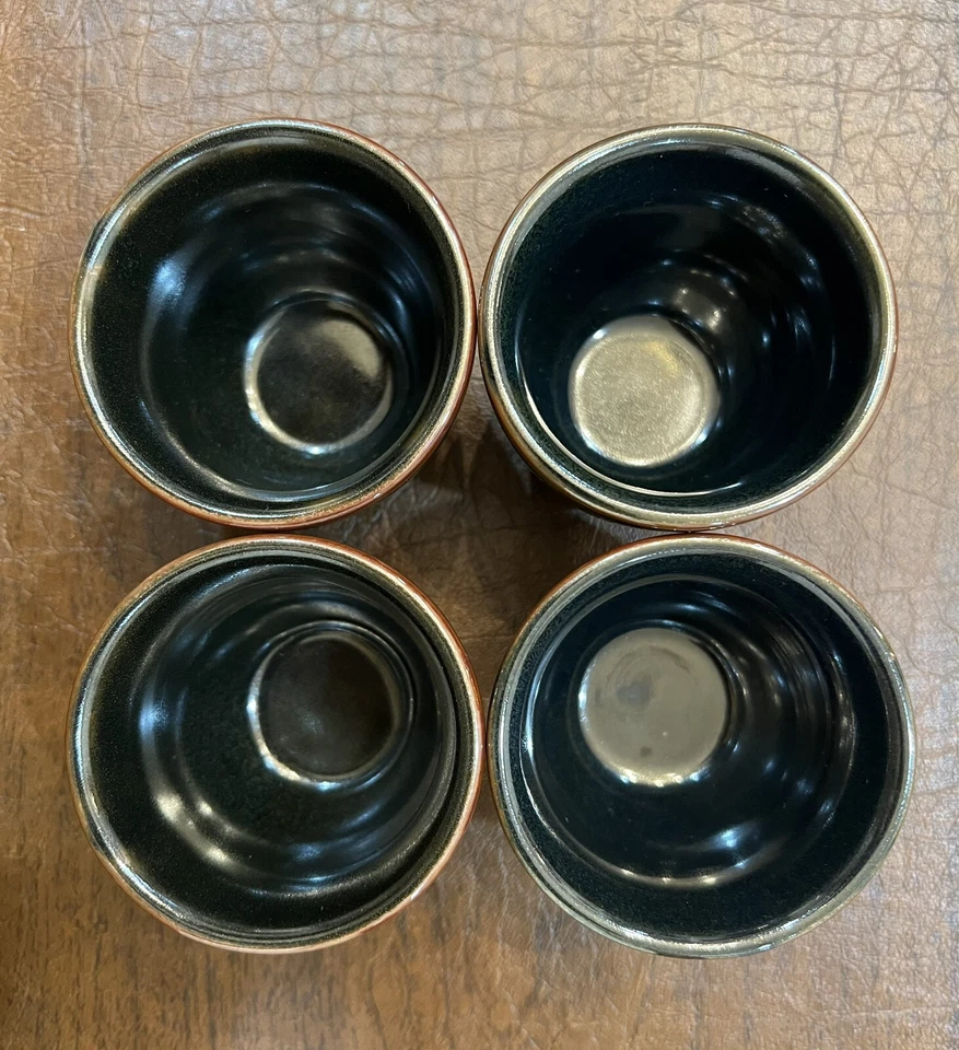 Crate And Barrel Teapot Set With 4 Cups Black With  Brown Rim - Image 2 of 4