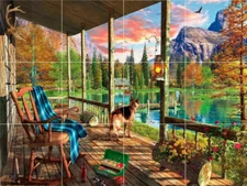 log cabin view lake fishing country nature beauty ceramic tile mural backsplash