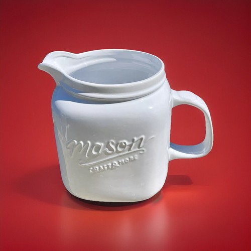 Large Mason Jar white Ceramic Pitcher🩵 Craft & More 3 Quart 7.25” Tall