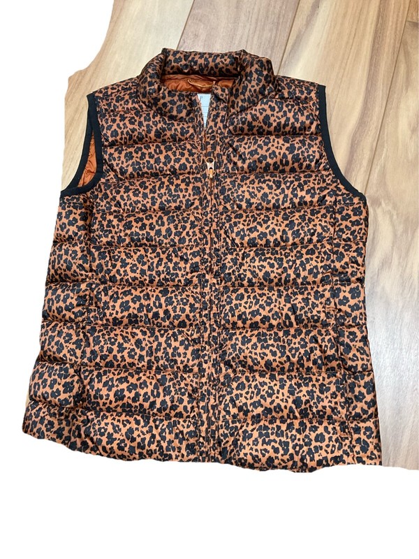 GAP Kids Girls Puffer Vest  Coat Brown Animal Print Size Large Primaloft 10-11