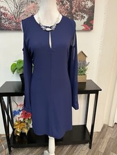 NWT EXPRESS Navy Blue Cold Shoulder Keyhole Dress Split Slit Sleeve Womens M 