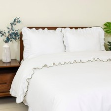 Ruffle Duvet Cover with Green Trim, King Size, 3Pcs 100 Cotton Duvet Cover with