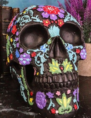 Ebros Gift Day Of The Dead Black Multi Colored Floral Tattoo Skull Figurine 8''L