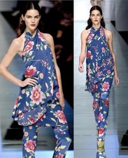 Vintage VALENTINO S/S 2006 Draped Twist Floral Silk Blue Yellow Halter Dress Sz8