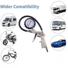 Tire Inflator Gauge 220 PSI  Flexible Hose Pistol Style Air Chuck Pneumatic