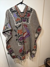 Vintage Mexican HAND Embroidered Poncho With Peacock Design wool