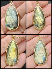 Light gold blue flash labradorite gemstone tear drop pendant chain necklace