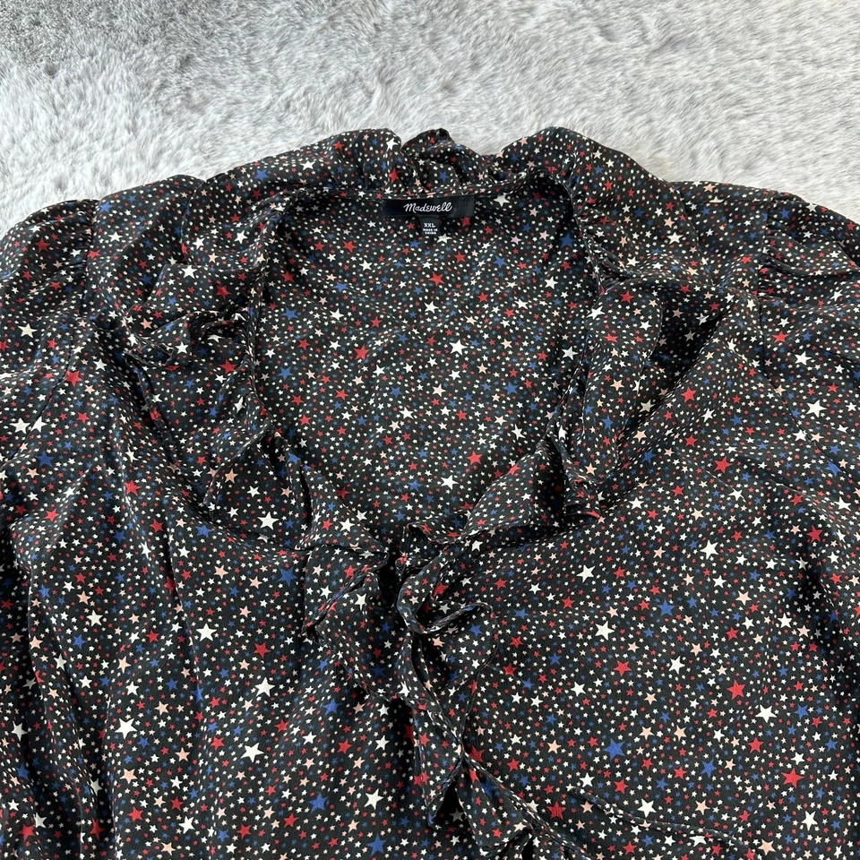 Blusa Top Madewell Seda Mujer XXL Negra Estrellas Volantes Corbata Cintura Oficina Campesina Foto 3 de 4