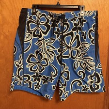 Speedo Men's Floral Board Shorts Blue/Black/White M Drawstring Pockets Lined