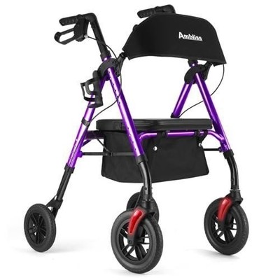 Rollator Walker W/ Seat 300Lb 10'' All Terrain Folding Adjustable Purple