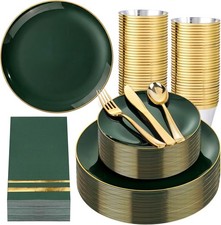 350PCS Green Plastic Plates - Disposable Green Gold Dinnerware Set for 50 Guests