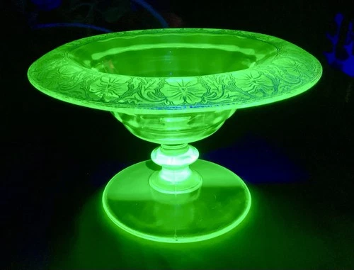 Vintage Depression Vaseline Uranium Green Glass Compote Bowl Hat Vase 1940's,