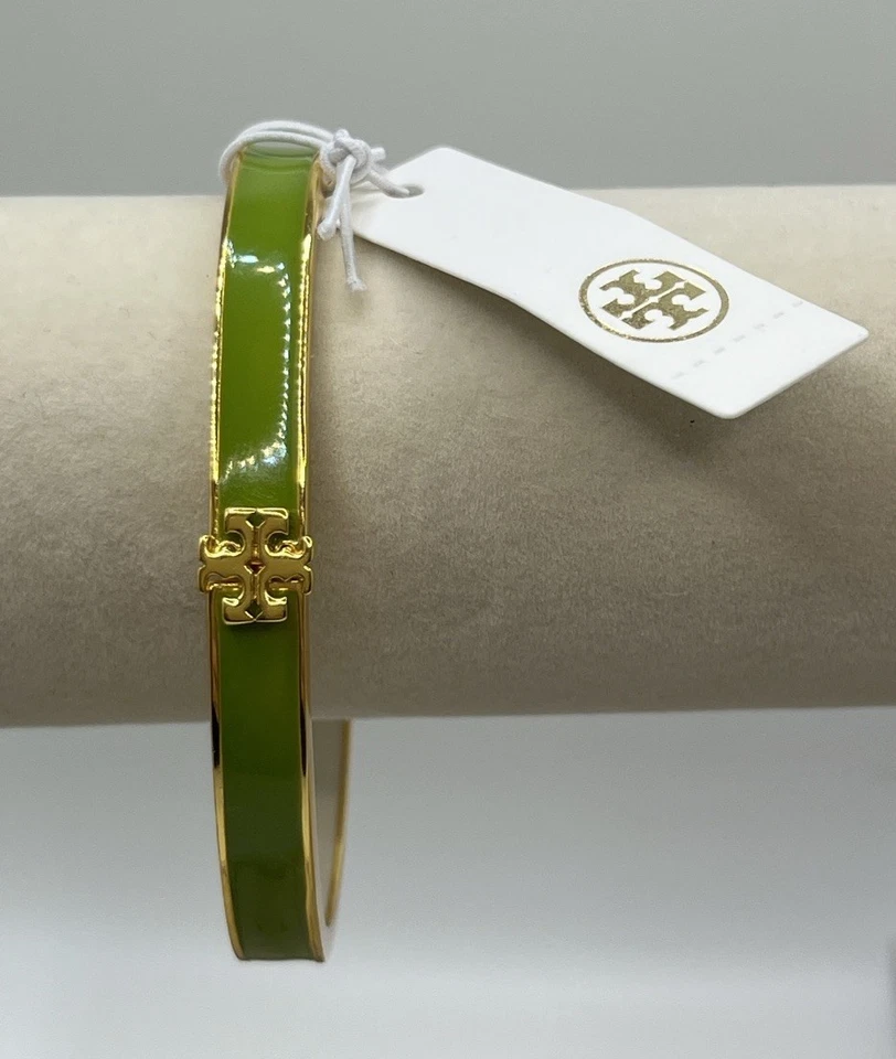 Brazalete Brazalete Tory Burch Verde Blanco y Dorado Esmalte Kira Bisagras 7mm Nuevo con Etiquetas Foto 2 de 3