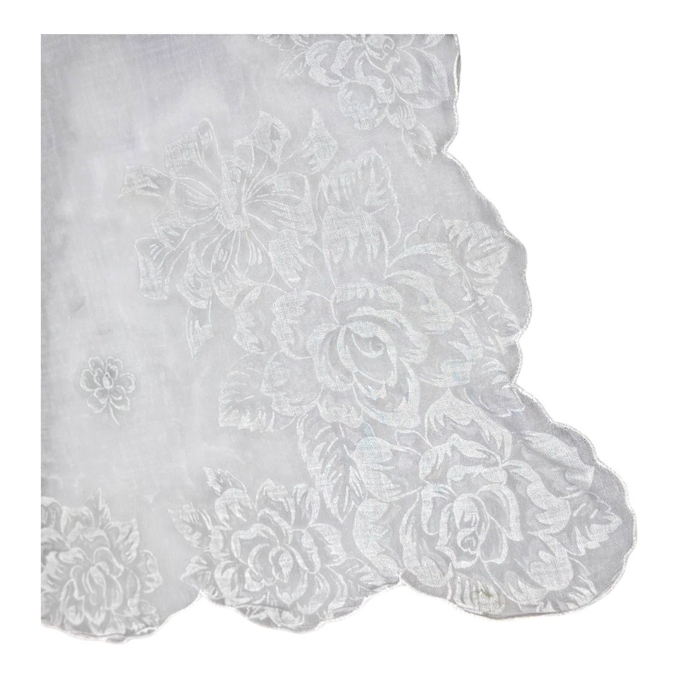 Vintage White Roses Scalloped Victorian Floral Embroidered Handkerchief Hanky - Image 2 of 4