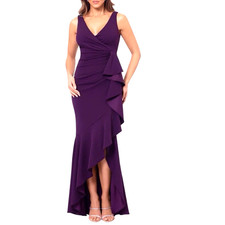Betsy  Adam Women Dress Size 12 Purple Crepe V Neck Cascade Ruffle Hi Low Gown