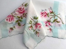 VINTAGE HANKY 1950s FLORAL PRINT PINK ROSES GREEN STEMS SCALLOPED EDGES BLUES