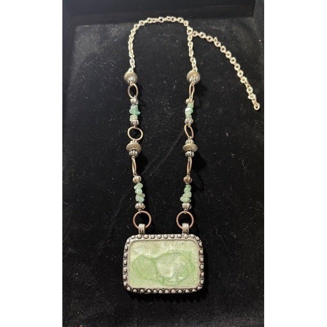 Rectangular Stone Pendant Necklace Silver Tone Ch… - image 3