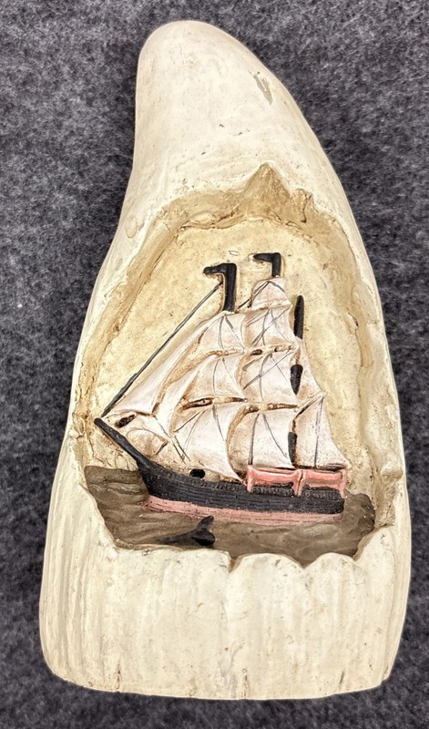 Scrimshaw Replica, Whaling Ship and Whale Carved In Faux Whale Tooth