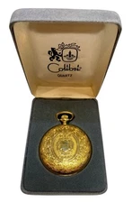 Colibri Quartz Pocket Watch Gold Plated Case Swiss Made Engraved Interior
