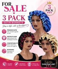 3 Pack Reversible Satin Hair Bonnets Sleep Caps Women Round Blue Black Gold