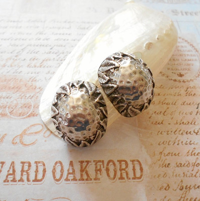 Oxidized Sarda BA Hammered Sterling Nestled in Leaves Stud Drop Earrings   35C-2
