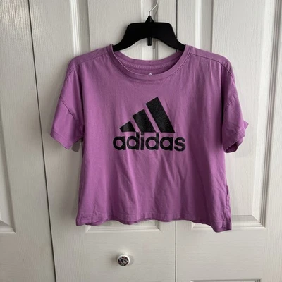 Adidas Purple Black Logo Crop Short Sleeve Girls Size Large 14 Summer Sporty - Image 1 of 4