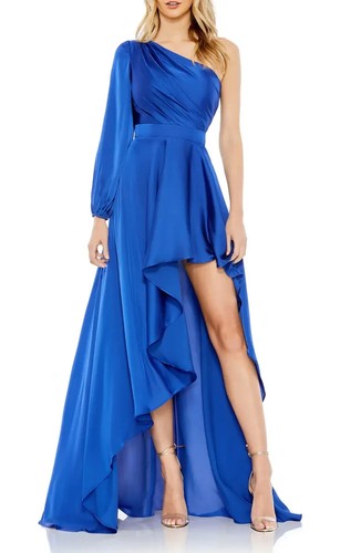 Mac Duggal Cobalt Blue One-Shoulder Long Sleeve Satin High/Low Gown Size 6 $358 - Picture 1 of 4