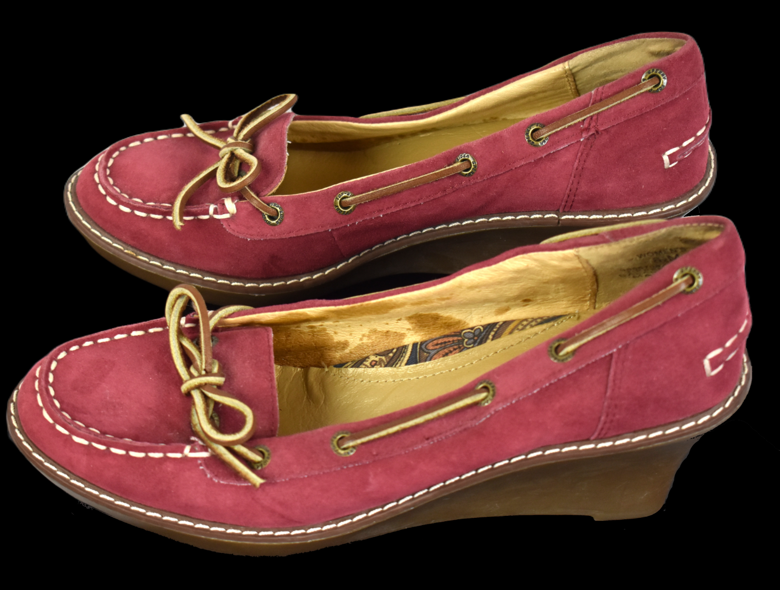 Sperry Size 6.5 M Burgundy & Tan Suede Moccasin Wedge Loafers-image