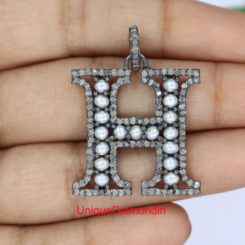 Natural diamond & Natural Pearls 925 sterling silver Handmade H letter pendant - Image 3 of 4