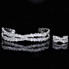 Silver Plated Baguette Cubic Zircon Adjustable Cuff Bangle and Ring Jewelry Set