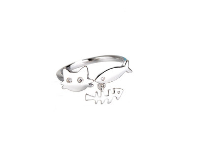 Adorable Silver Cat Kitten & Fish Bone Pave Cubic Zirconia Adjustable Ring