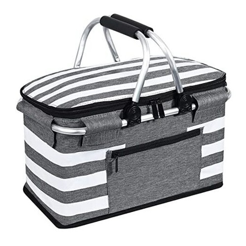Insulated Picnic Basket,Leak-Proof Collapsible Cooler 26L-LeakProof Gray Stripe