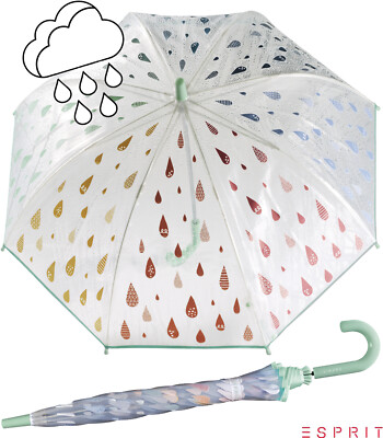 Esprit Kinder Regenschirm Glocken-Stockschirm transparent Farbwechsel Tropfen