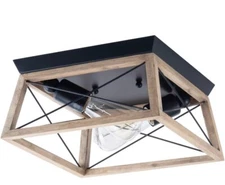 Retro Industrial Rectangle Flush Mount Ceiling Light Fixture with Wood Shade ...