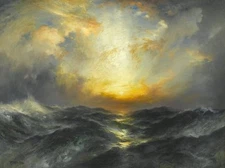 Hand painted Oil painting Sunset at Sea by Thomas Moran &  huge ocean waves art