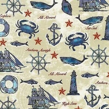 Nautical Fabric - Set Sail Ship Wheel Crab Anchor Sand - Robert Kaufman YARD
