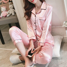 Women's Satin Pyjamas Comfy PJs Silk Long Sleeve Soft Sleepwear Nightwear Sets