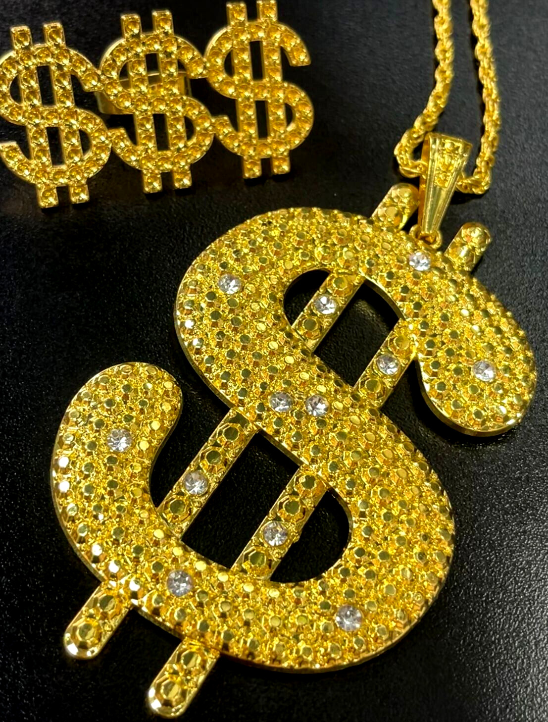 Huge Dollar Necklace & Ring Set Pimp Gangsta Unisex Fancy Dress Jewellery Bling
