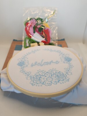 Welcome Wreath by Create Your Own Embroidery Kit New In Box Pink Flowers 6''