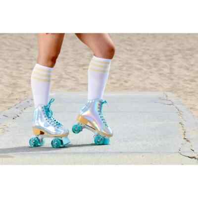 Cute Women's Roller Skates Shiny White Iridescent 4 Wheel Quads Size 8 Outdoor