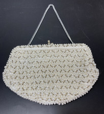 Vintage White and Silver Beaded Evening Bag or Clutch with Silver Chain