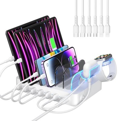 Premium 6-Port USB Charging Station Organizer for Multiple Devices, 6 Short C...