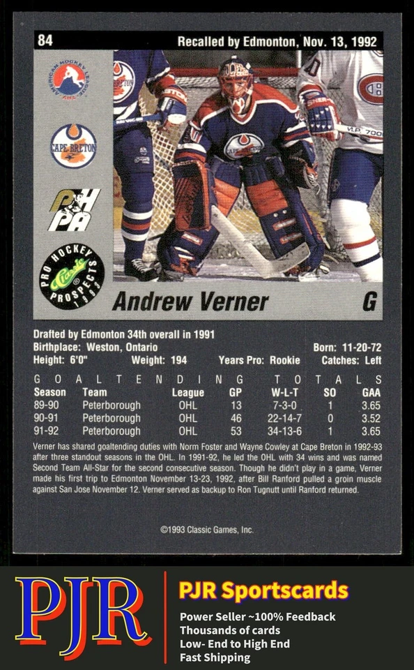 Andrew Verner 1993 Classic Pro Prospects #84 Cape Breton Oilers - Image 2 of 2