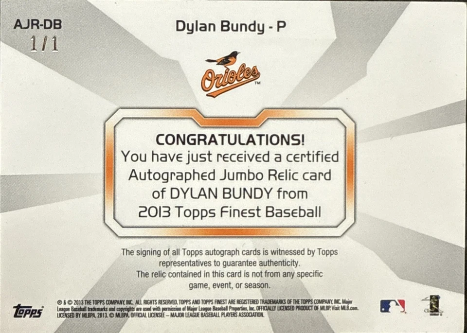 2013 Topps Finest AJR-DB Dylan Bundy Printing Plate Patch Rookie RC AUTO #1/1 🔥 - Image 2 of 2