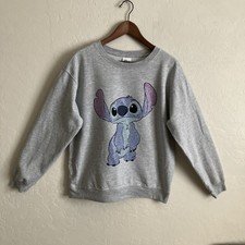 Disney Stitch Sweatshirt Large 11 13 Gray Bling Crewneck Long Sleeve Pullover